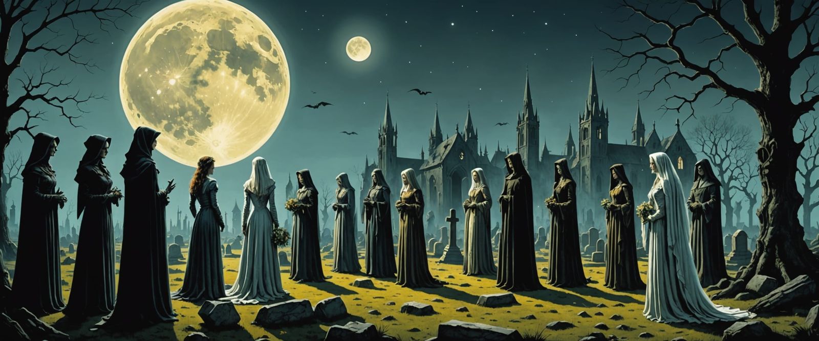 Brides of Frankenstein in Cemetery Under Full Moon