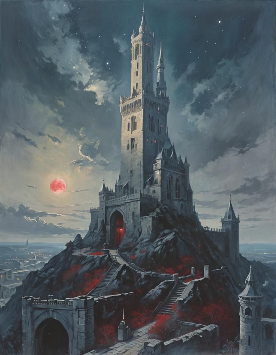 Gothic Tower Under Red Moon in Noir Painting