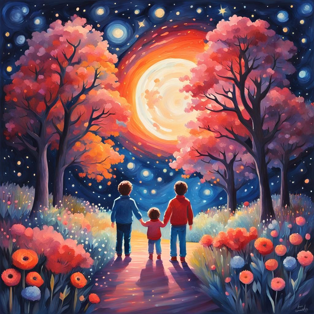 Cosmic Lovers Under Starry Sky in Gouache Style