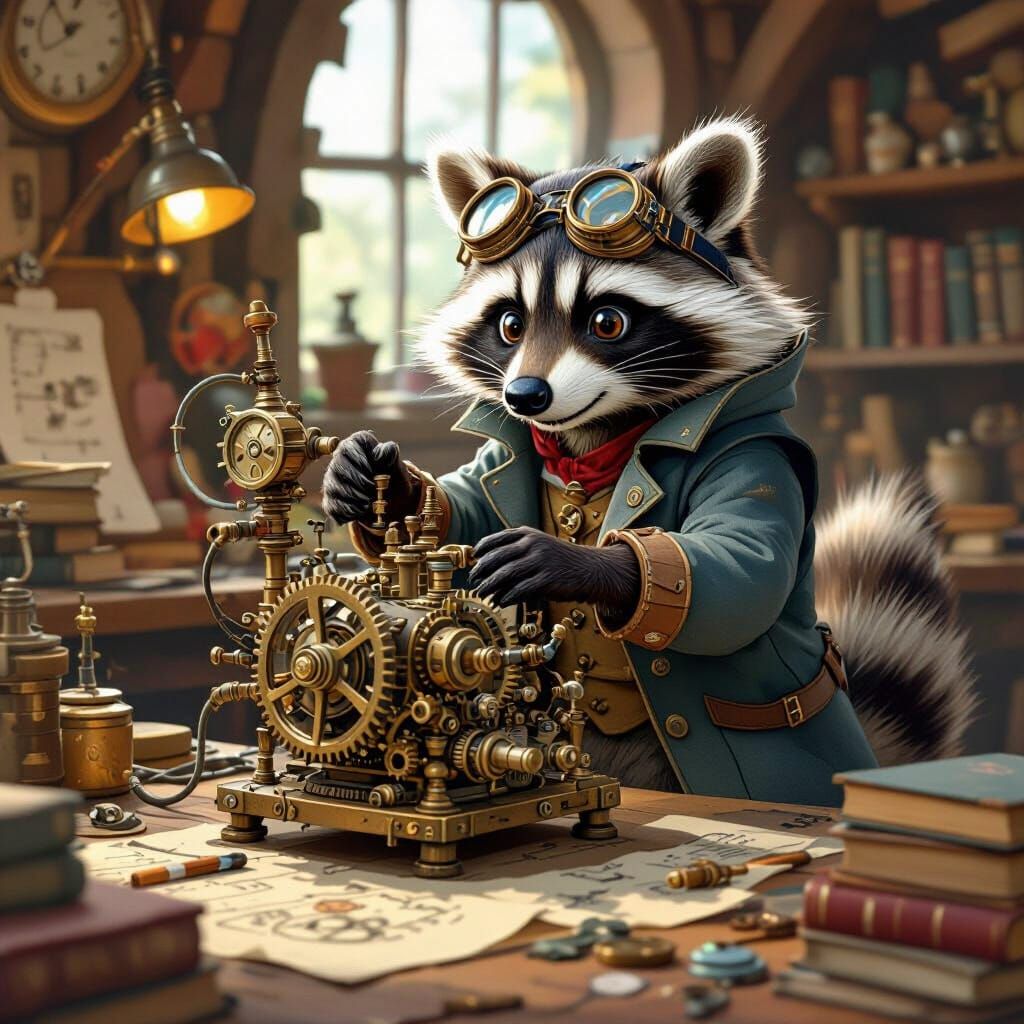 Steampunk Raccoon Inventor in Whimsical Workshop