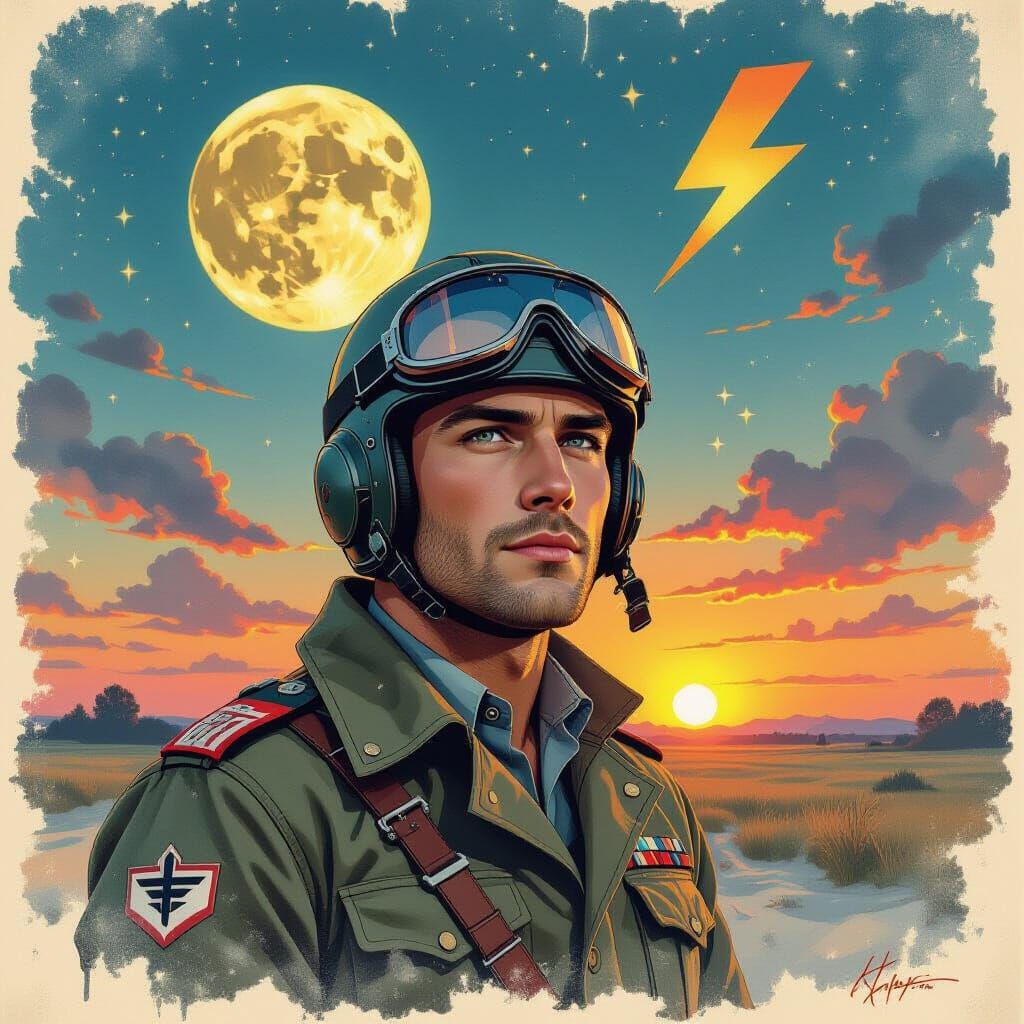 Pin Up woman luftwaffe pilot Portrait at dawn glowing moon g...