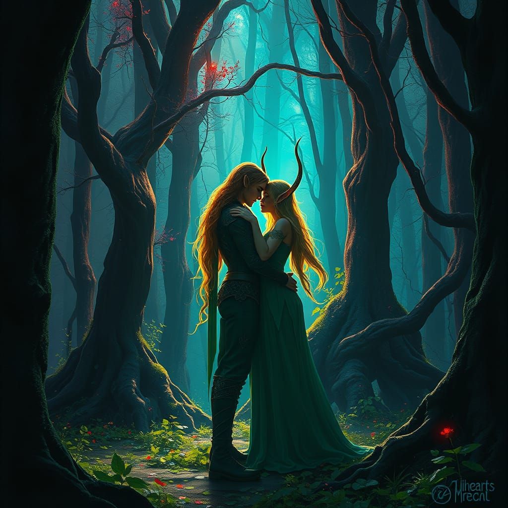 Elven Lovers in Glowing Forest with Thick Texturing