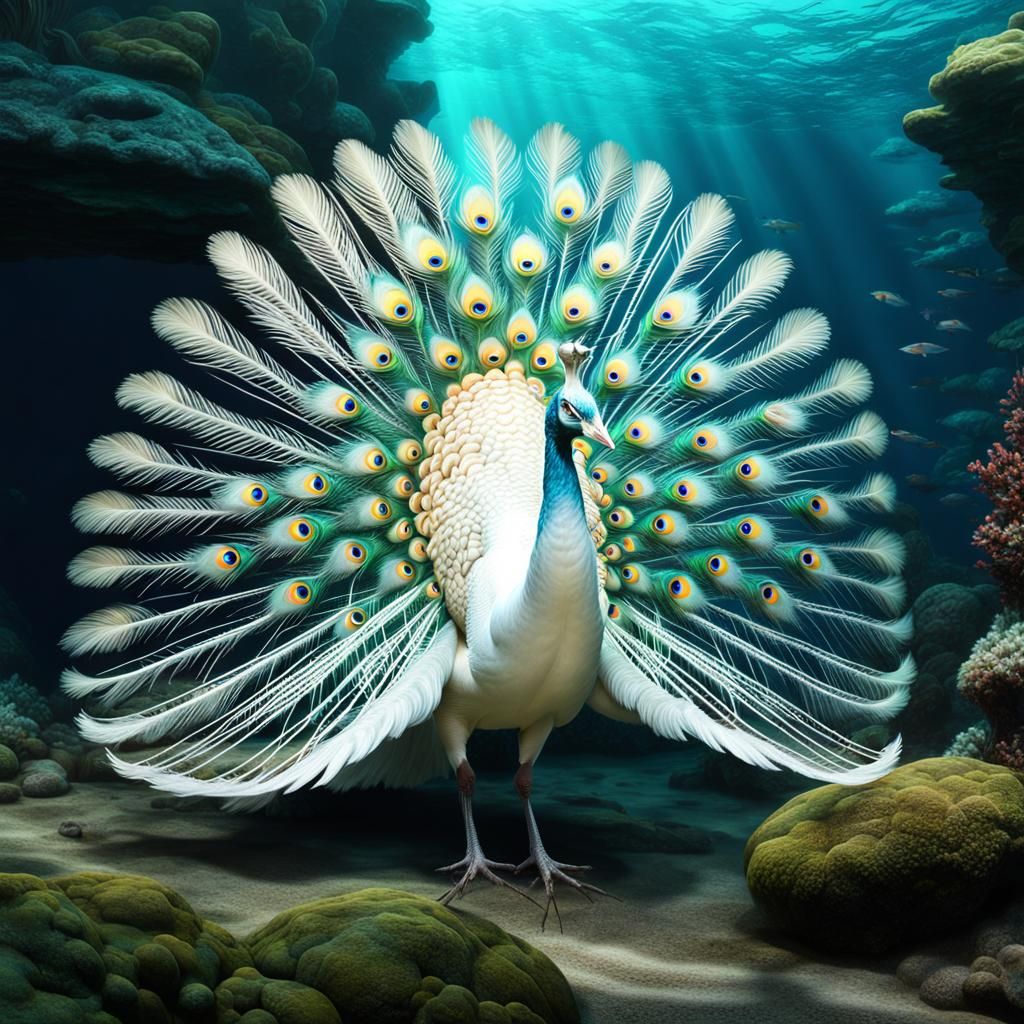 Underwater Albino Peacock in Digital Matte Painting