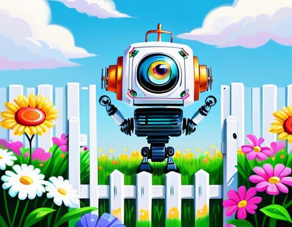 Cute Robot Paints Fence: Whimsical Digital Art