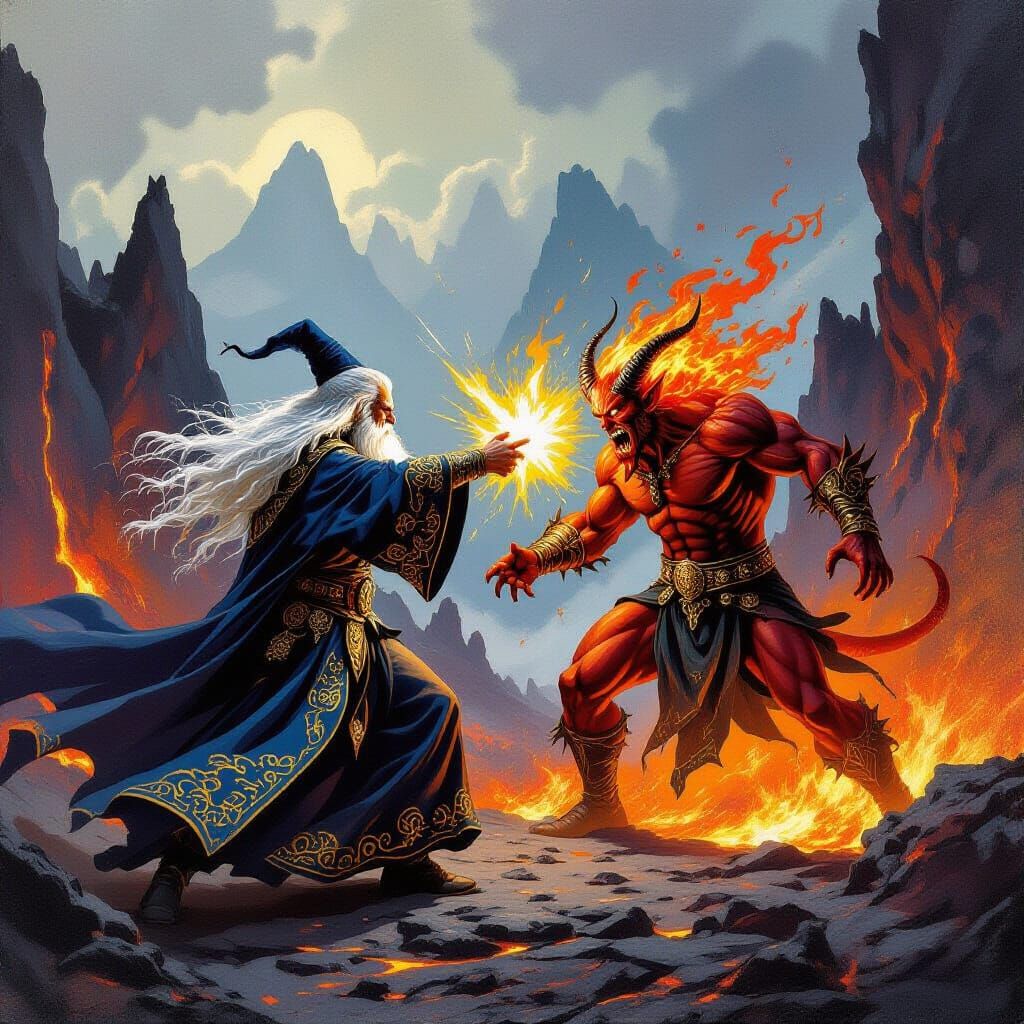 Wizard and Demon Duel in Fantasy Art Style