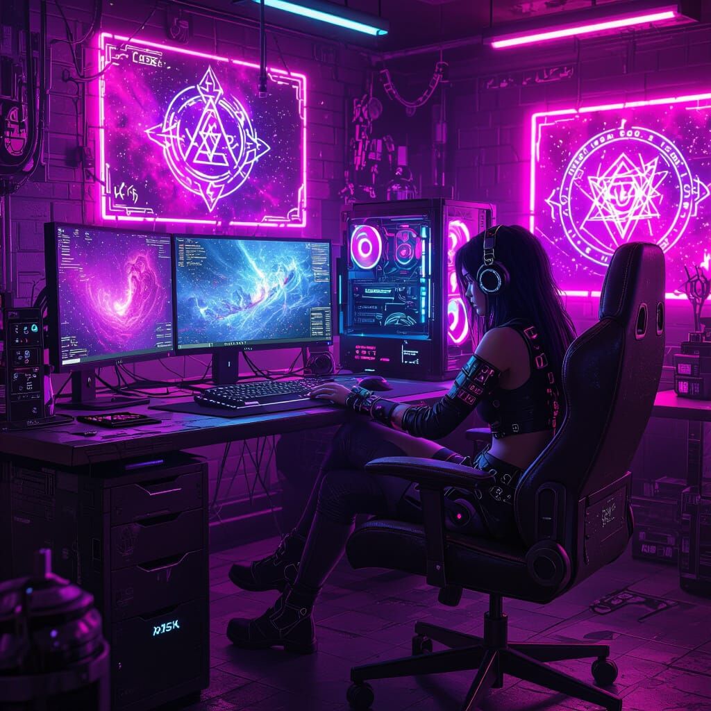 Cyberpunk Gaming Station for Grunge Woman in Vaporwave Hues