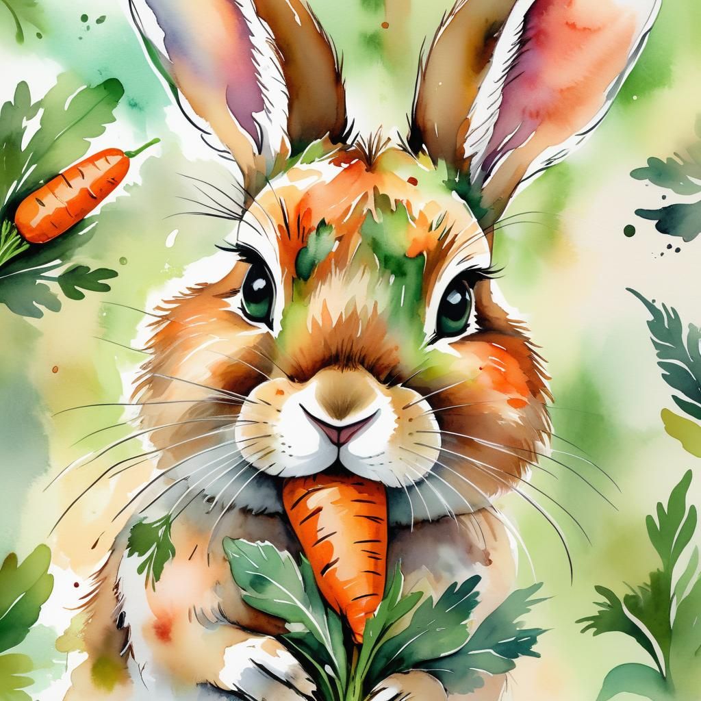 Whimsical Watercolor Rabbit Eating Carrot Close-Up