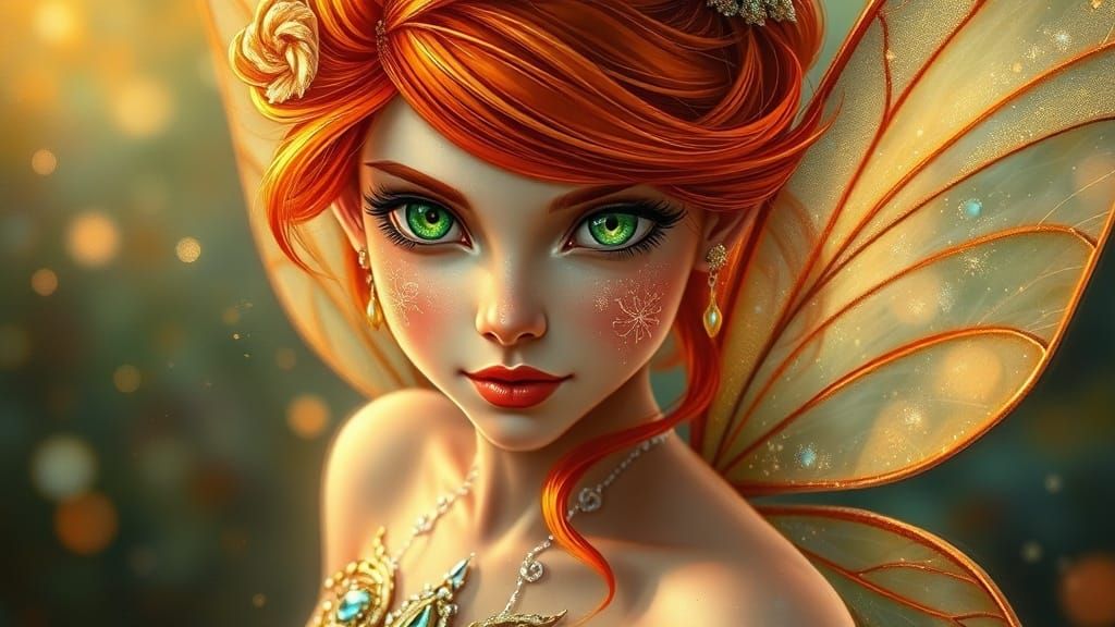 Red-Haired Fairy with Green Eyes in Sparkling Dress