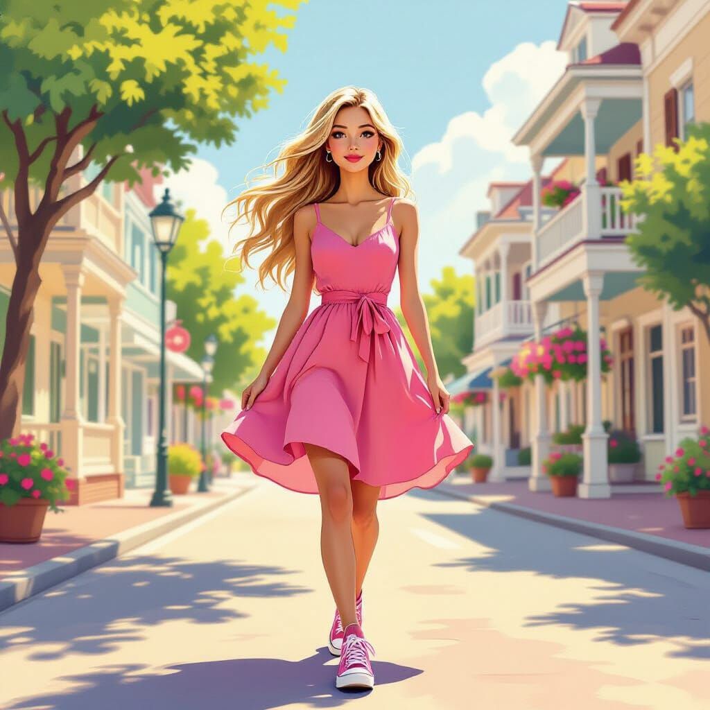 Woman in Pink Dress and Converse in Small Town