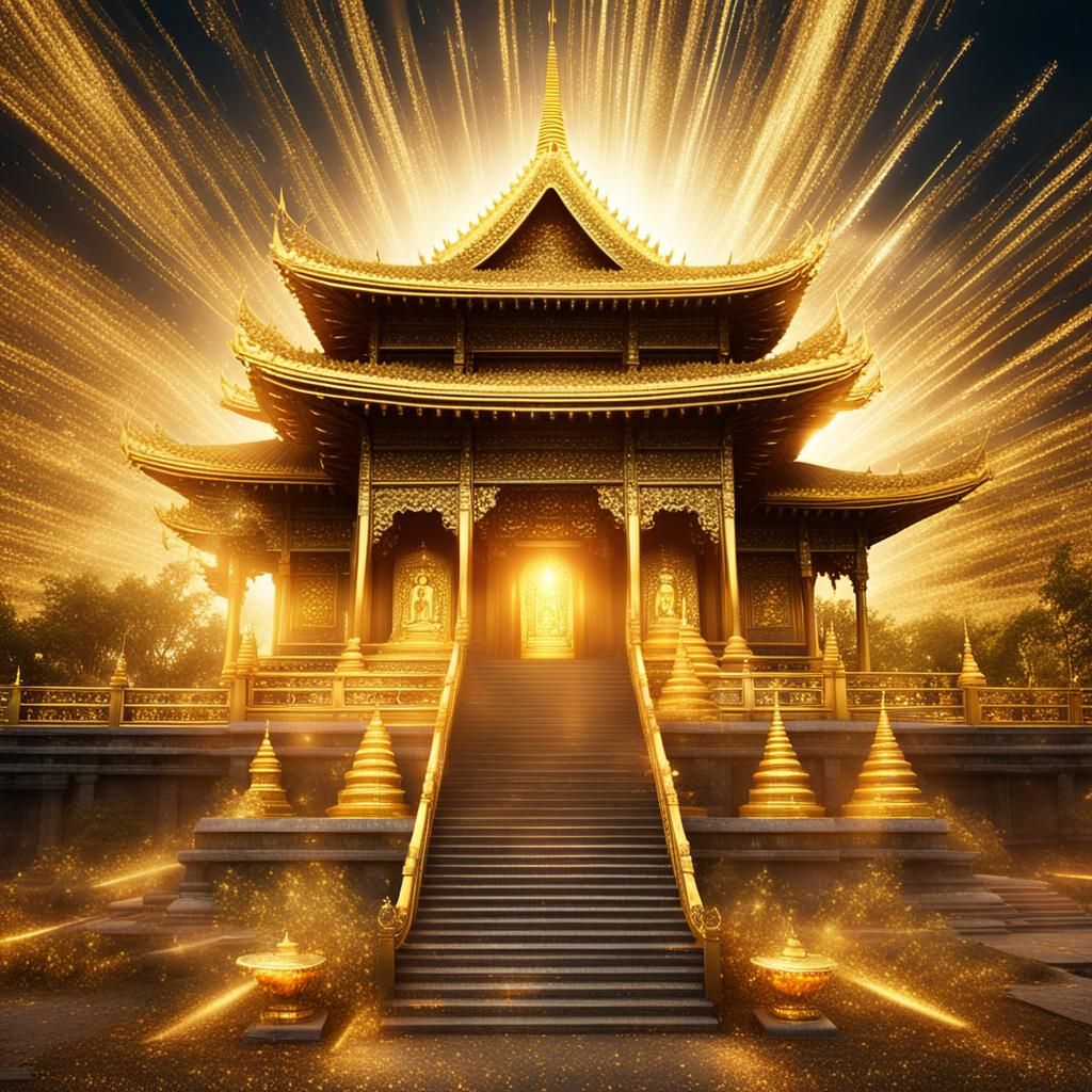 Golden Light Rays Illuminate Buddhist Temple