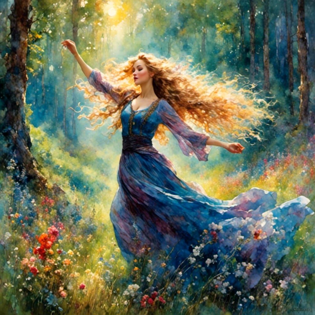 Woman Dancing in Enchanted Forest in Gouache Style