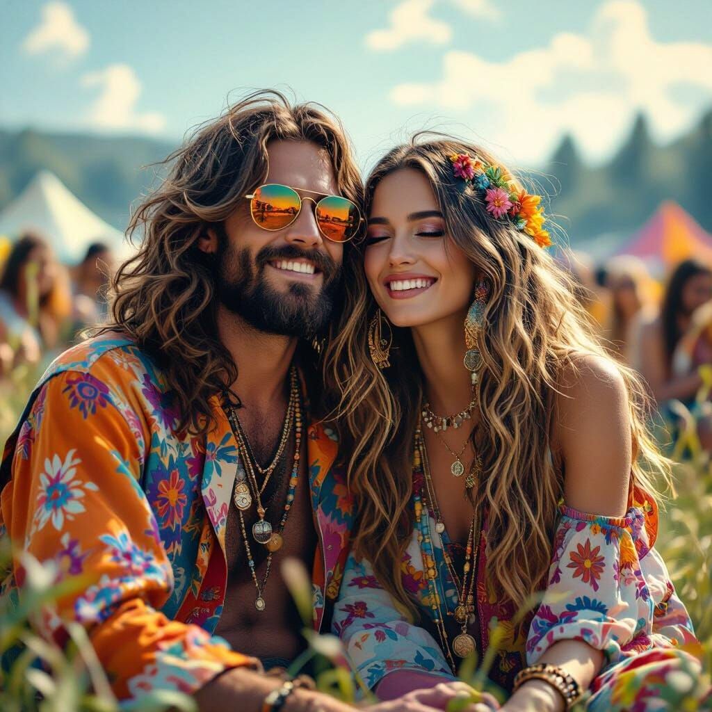 Hippie Couple at Woodstock in 60s Style