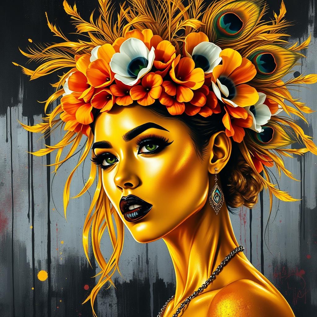 Gold Woman with Peacock Feathers in Street Art Style