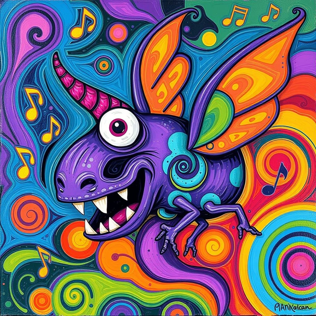 Vibrant Flying Purple People Eater in Psychedelic Pop-Art St...