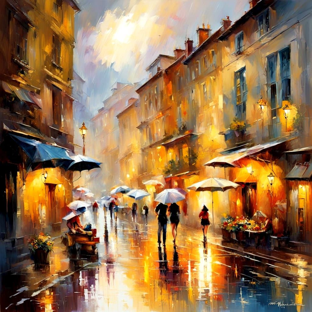 Impasto Painting of Blended Sunny and Rainy Landscape with G...