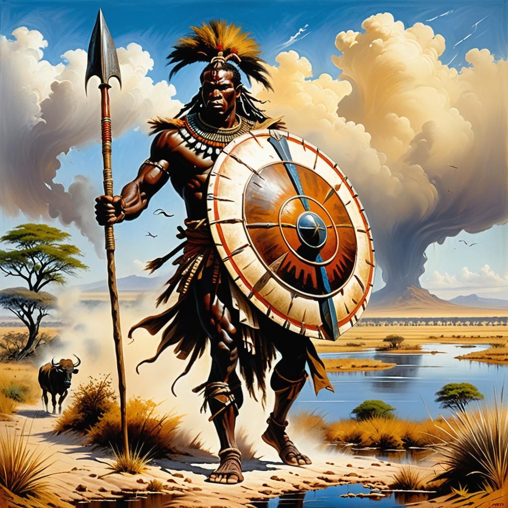 Bantu Warrior on the Savannah in Oil Paint Style