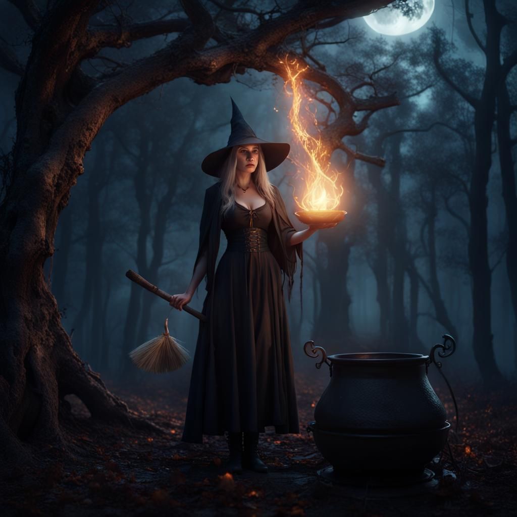 Serene Witch Casting Spell in Dark Forest