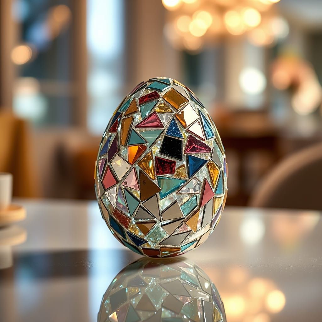 Surreal Easter Egg in Fragmented Glass Mosaic on Mirrored Su...