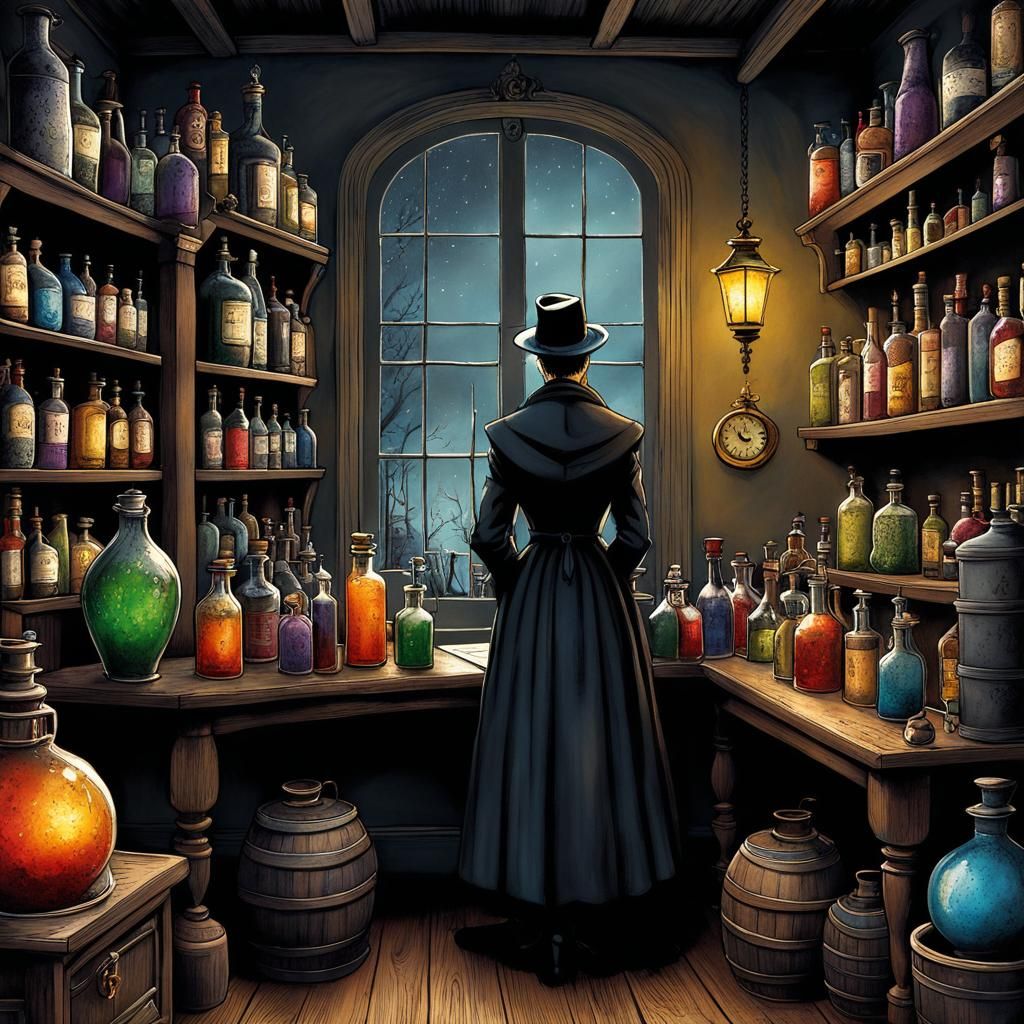 Macabre Alchemist Creating Potions in Watercolor and Ink