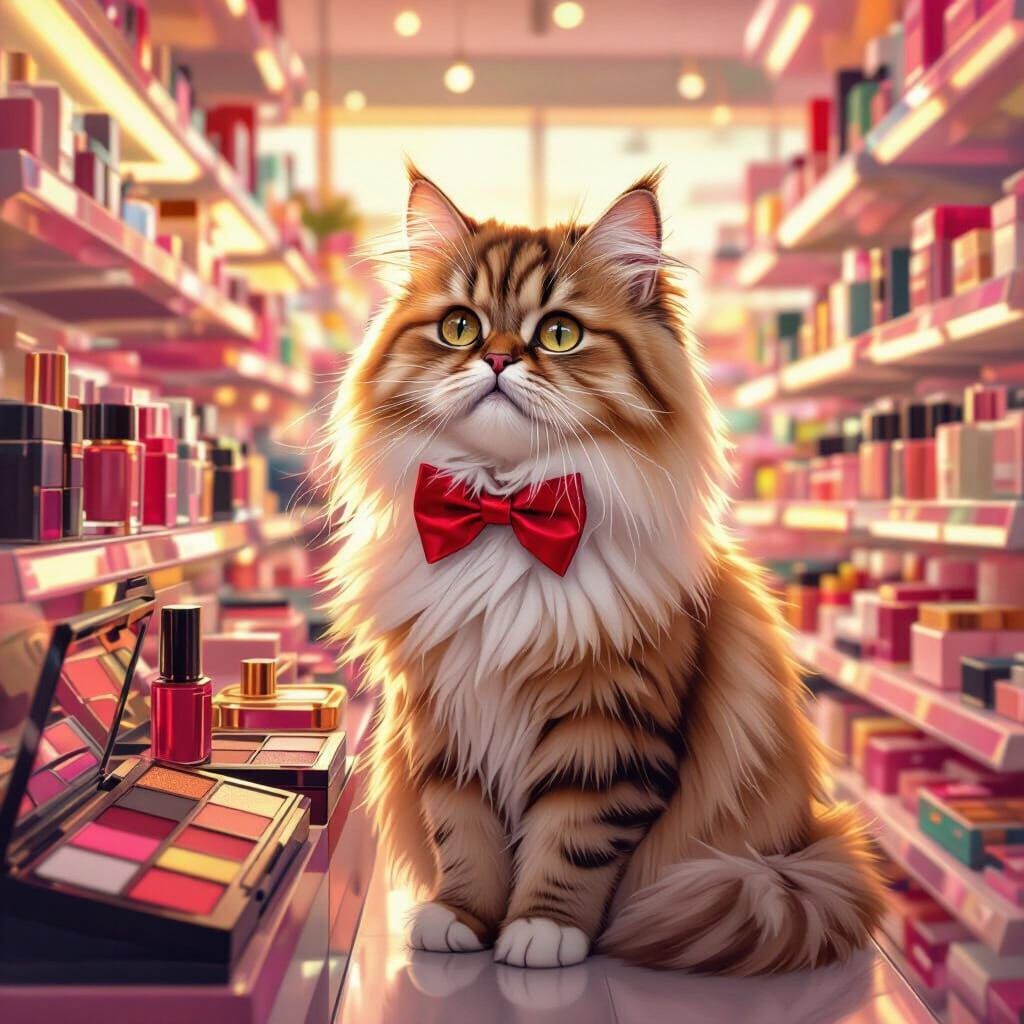 Fluffy Persian Cat Shops at Sephora in Whimsical Digital Art