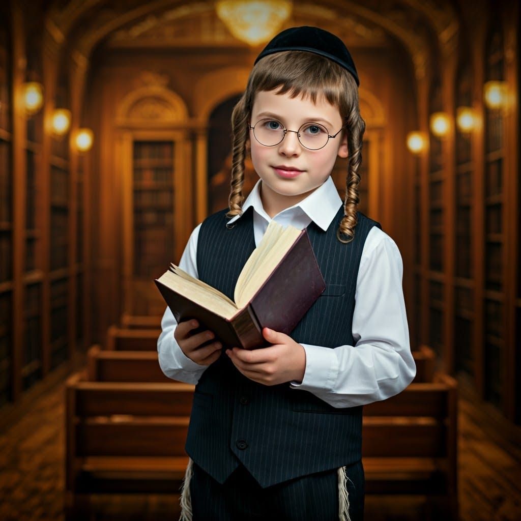 Charming Orthodox Jewish Boy in Serene Synagogue Setting
