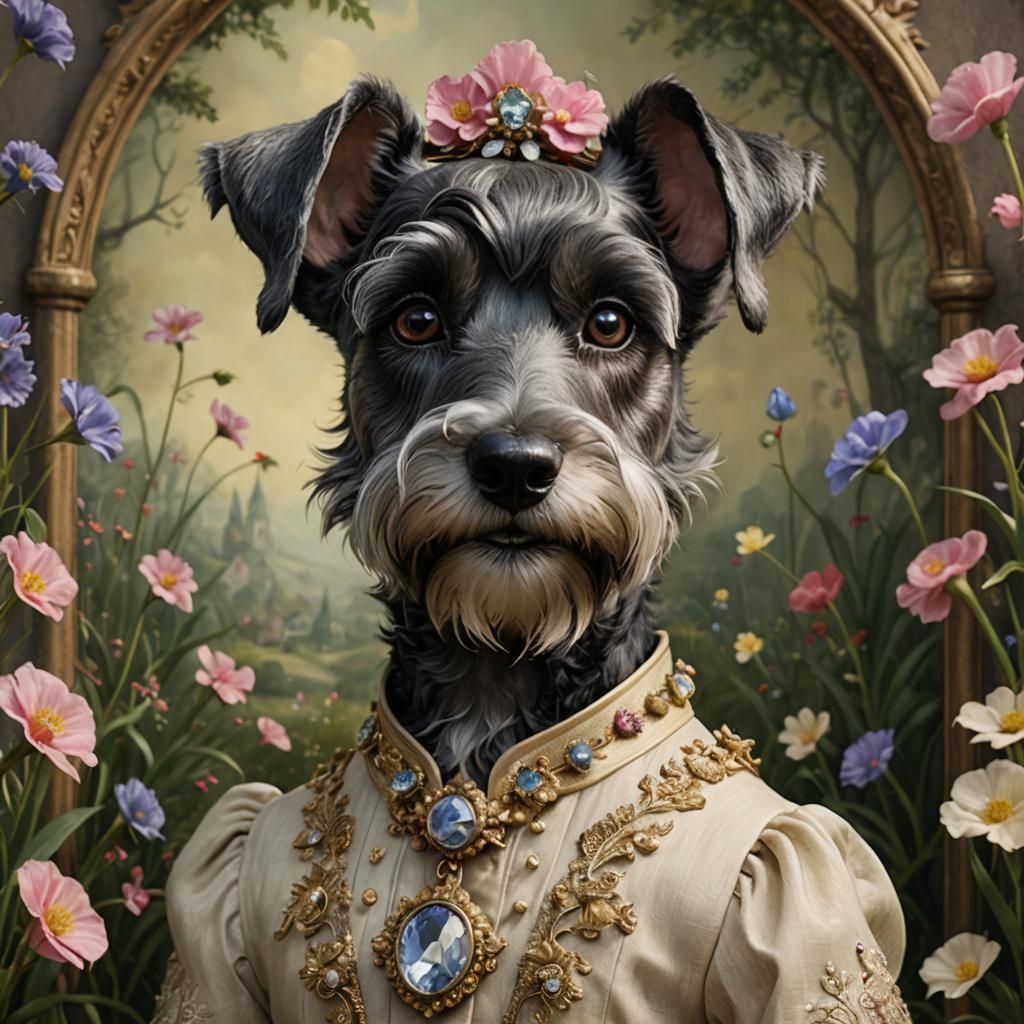 Whimsical Fairy Tale Schnauzer in Hushed Pastel Tones