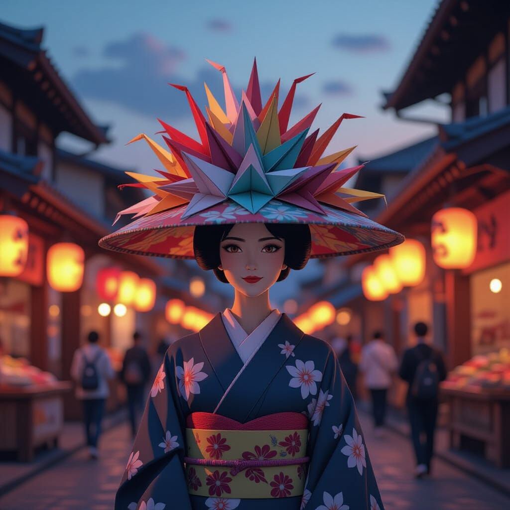 Regal Figure with Origami Crane Hat in Japanese Market