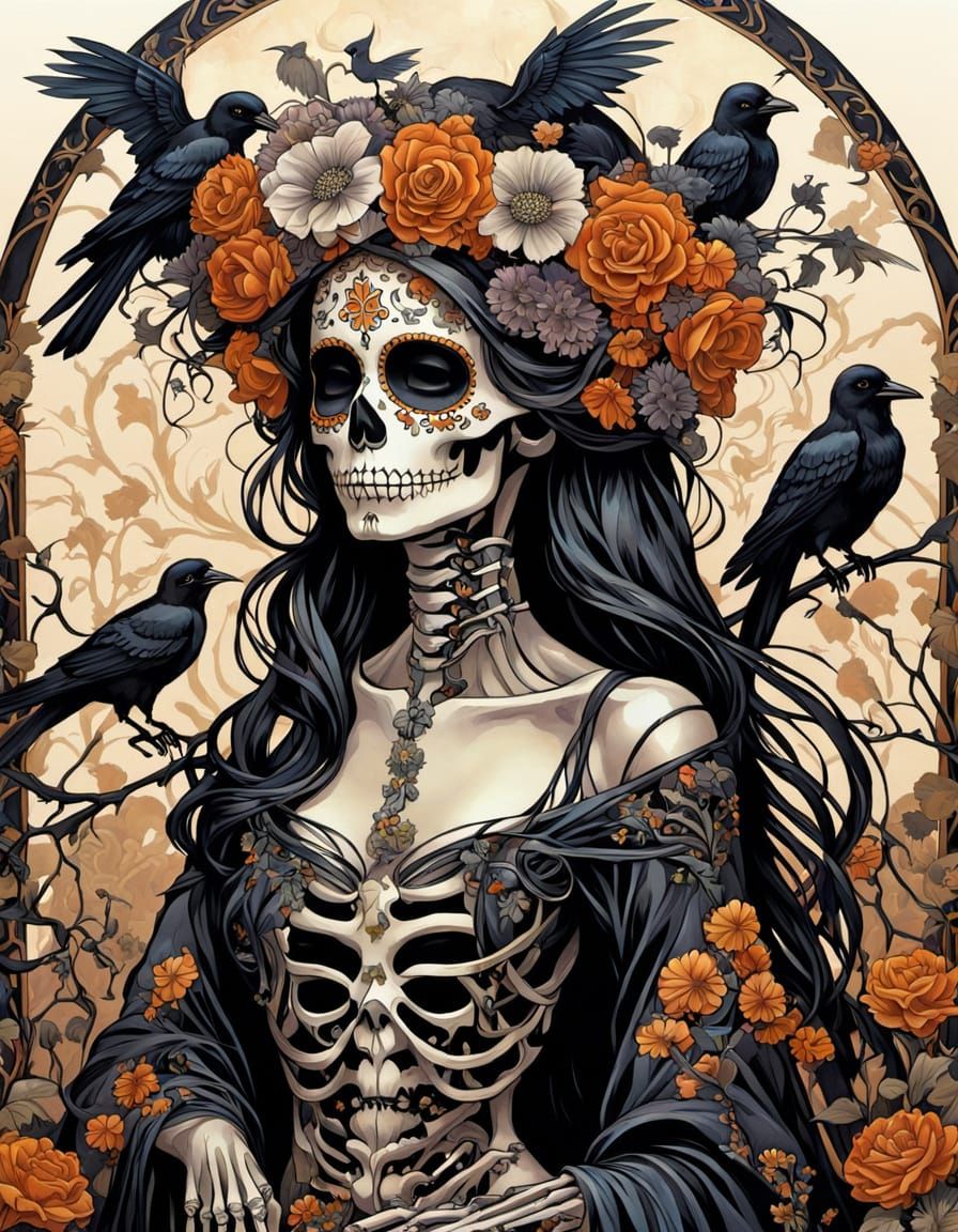 Art Nouveau Skeleton Dressed for Day of the Dead