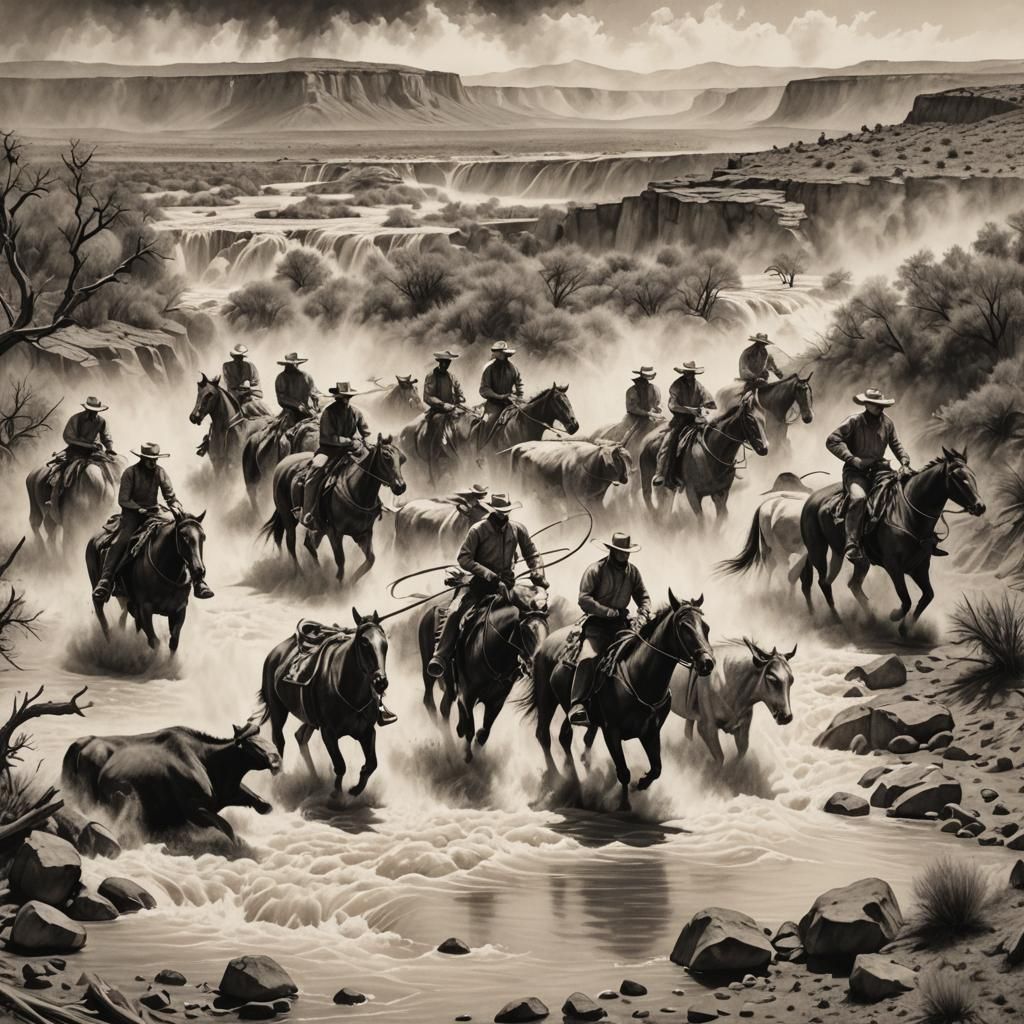 Cattle Drive Crossing the Rio Grande in Charcoal