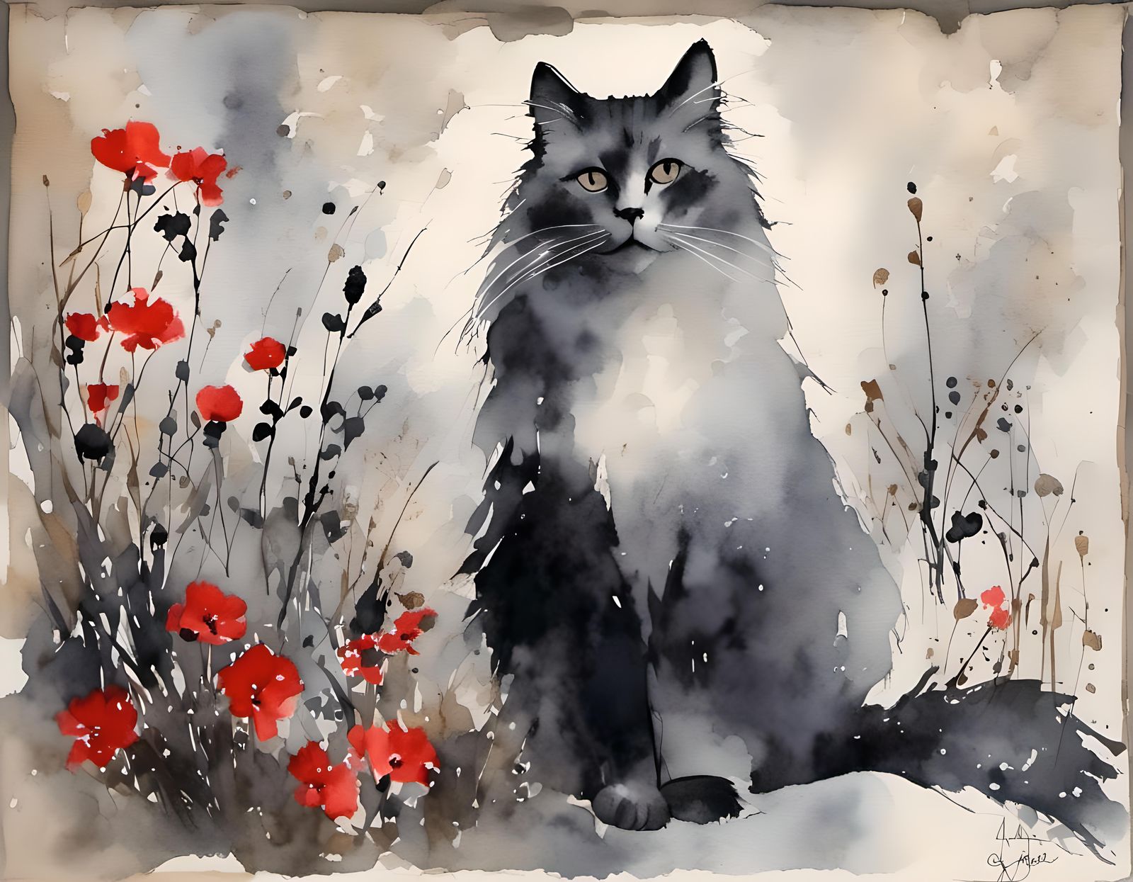 Black and White Cat in Watercolor Garden