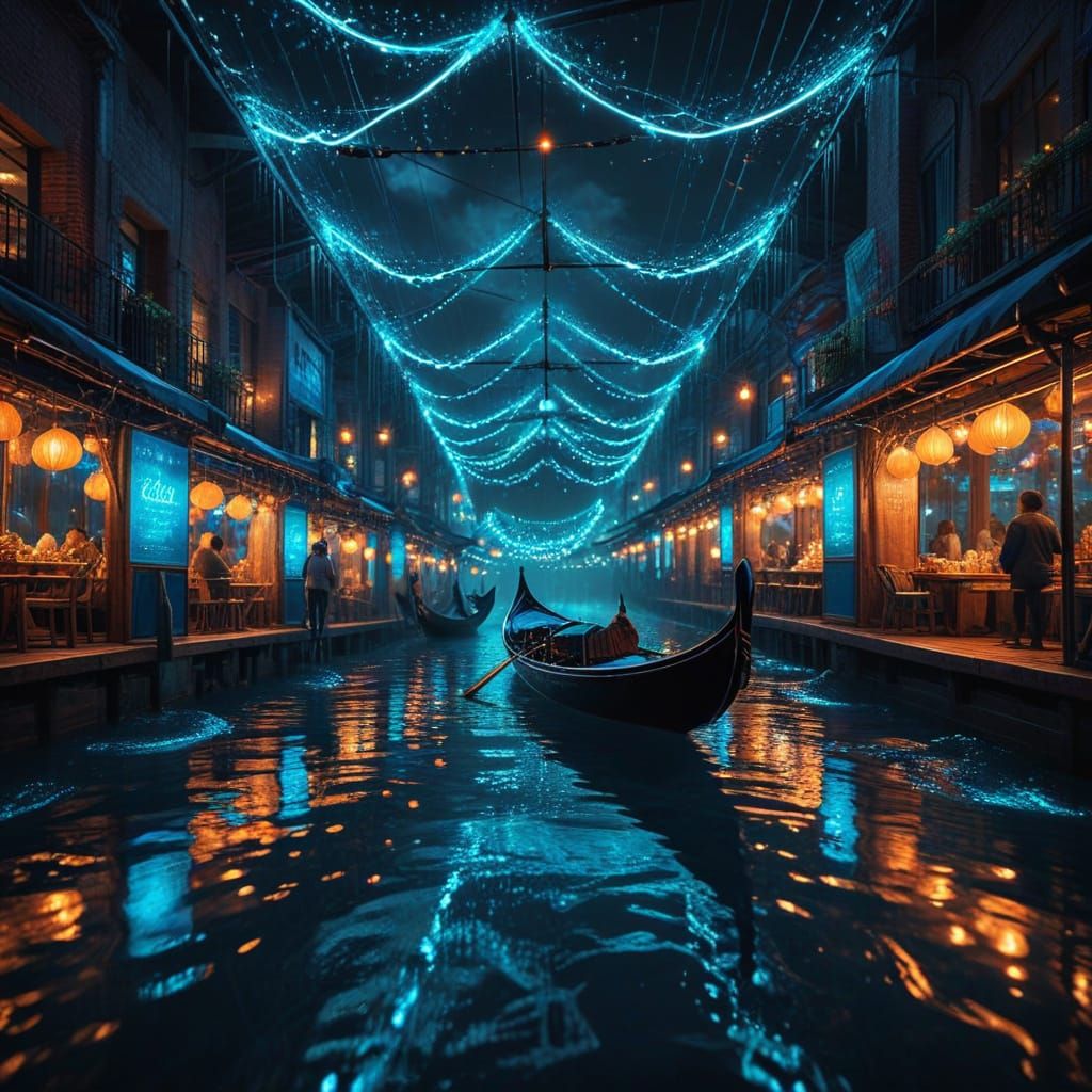 Ethereal Blue Night Market in a Cosmic Mix of Bright Lights