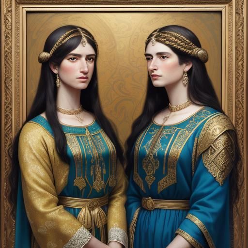Neoclassical Portrait of Minoan Sisters with Bronze Accents