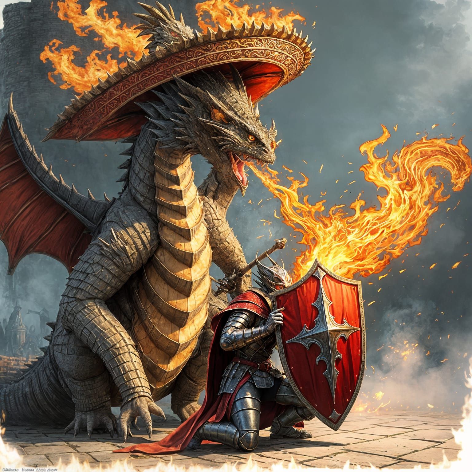 Dragon in Sombrero Breathes Fire at Knight
