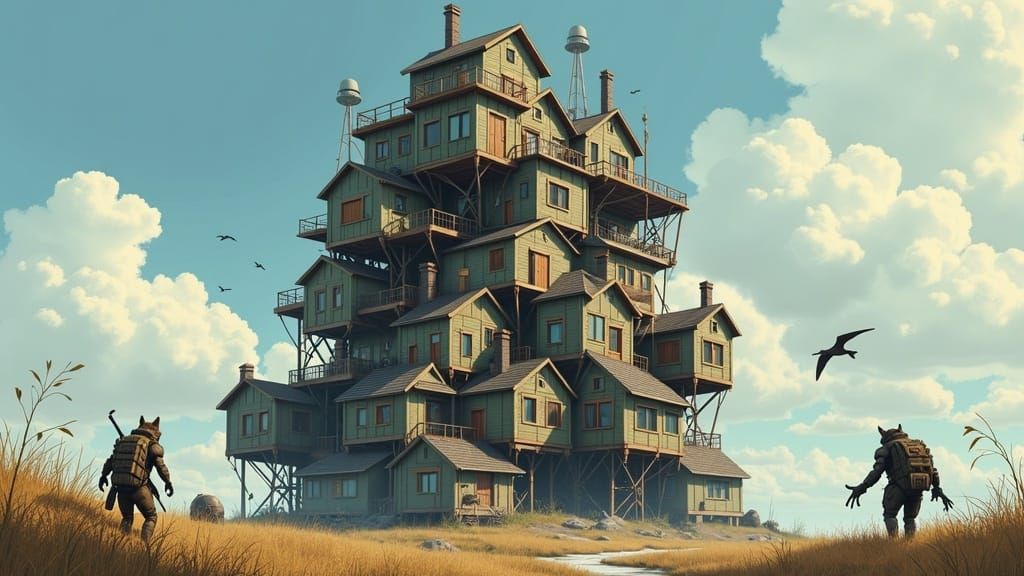 Unstable Tower of Prefab Homes Besieged by Cyborgs