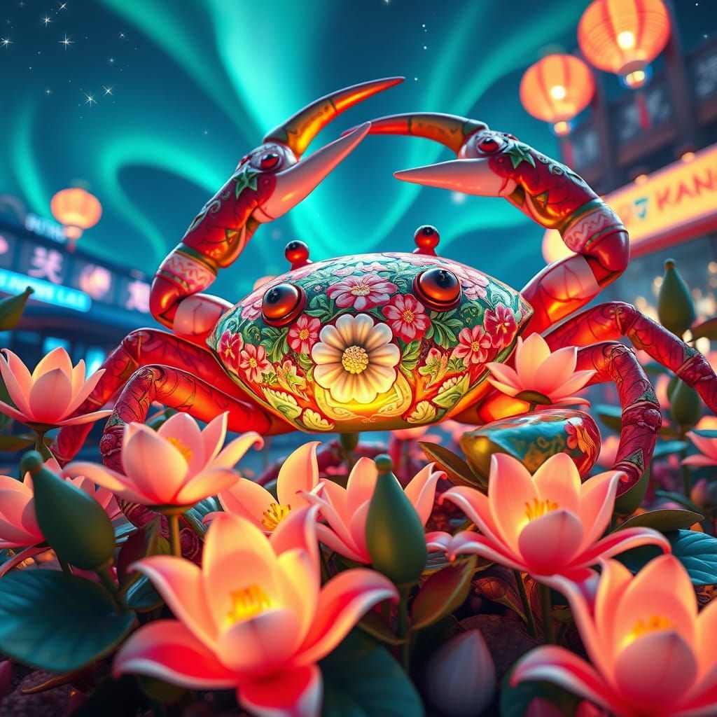Kaleidoscopic Floral Crab Sculpture in City Pop Animation St...