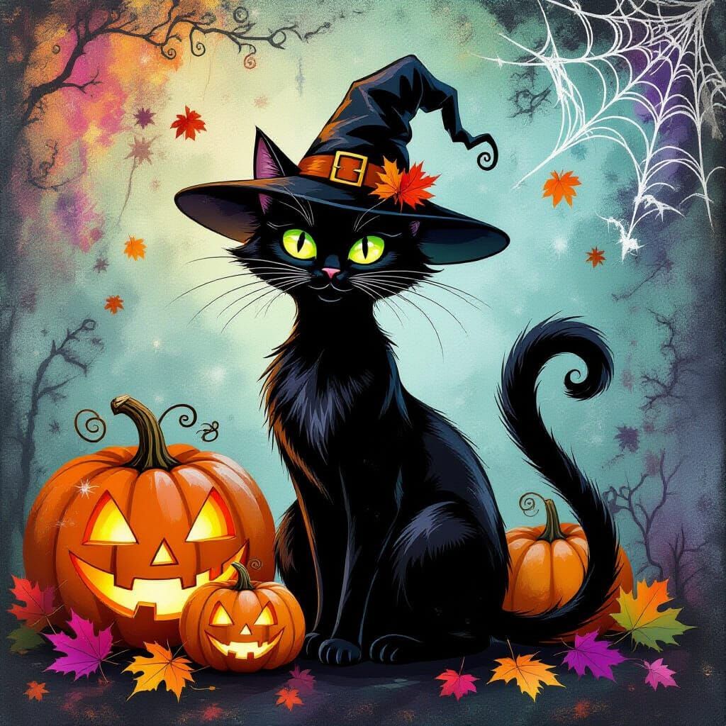 Arrogant Witch Cat in Mystical Gothic Autumn Scene