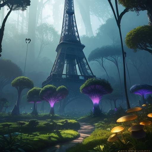 Eiffel Tower in Mystical Forest: Fantasy Concept Art