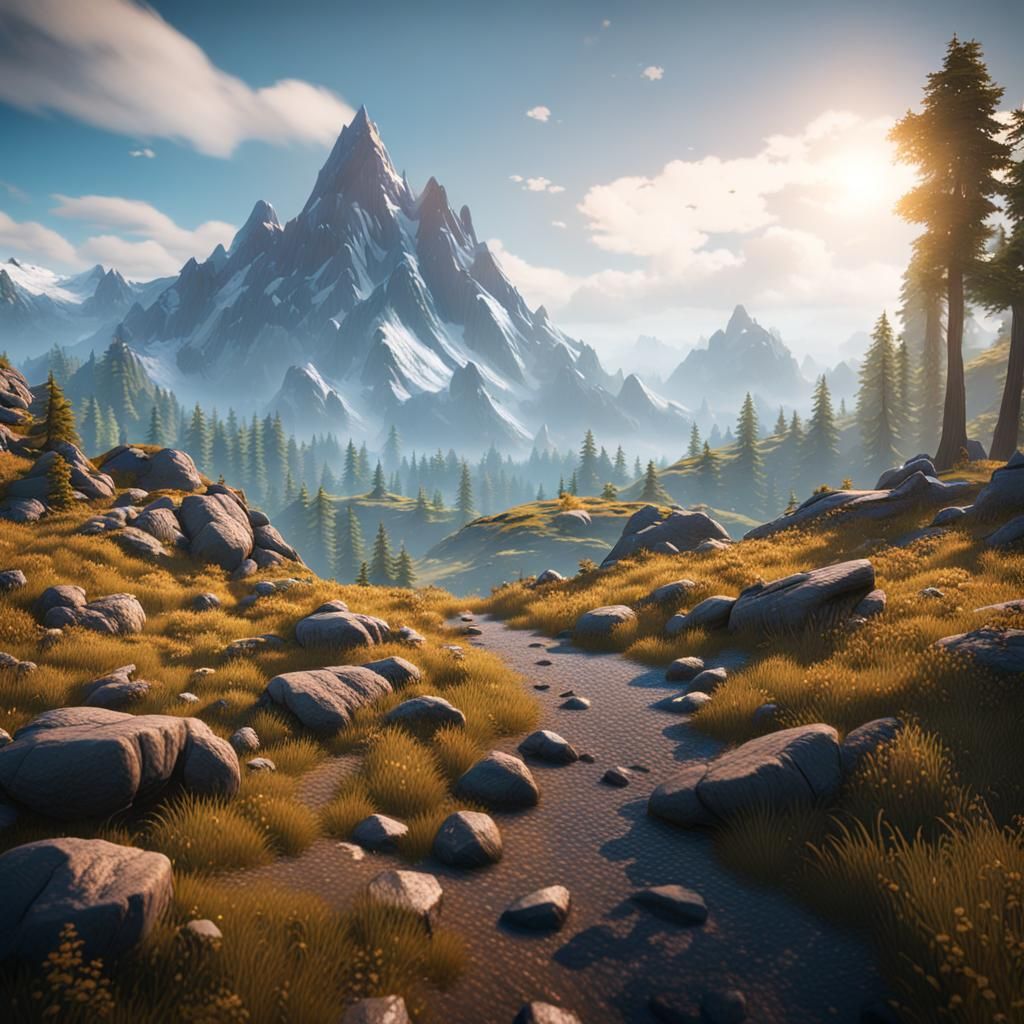 Epic Mountain View in 3D Game Cinematic Style