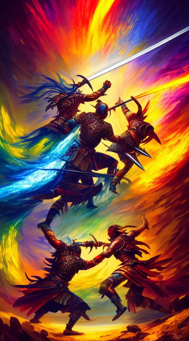 Epic Sword Fight in Dystopian Sci-Fi Style