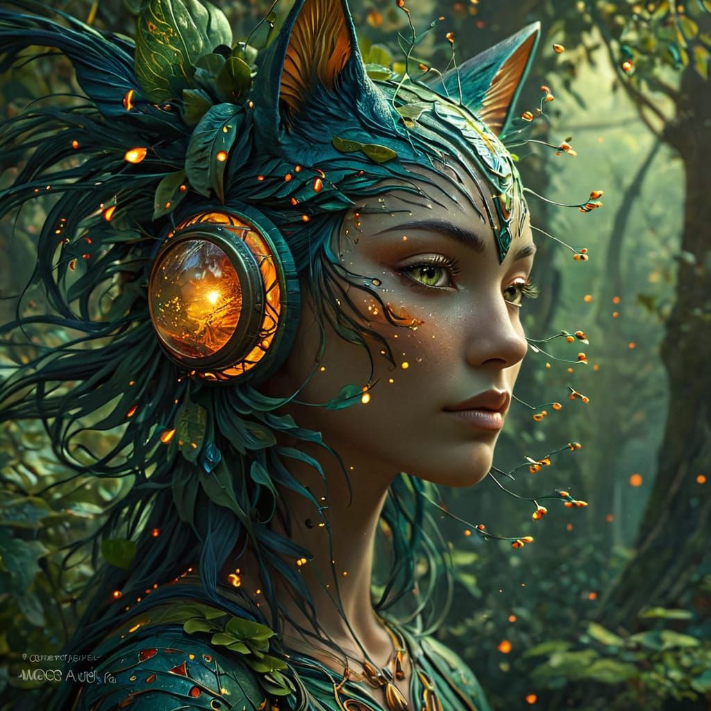 Forest Catgirl Emerges in Art Nouveau Style