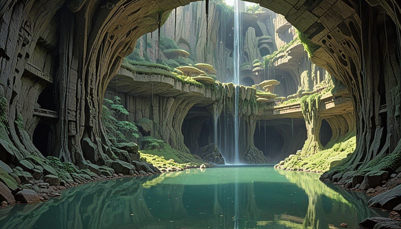 Subterranean City with Waterfalls and Light Columns