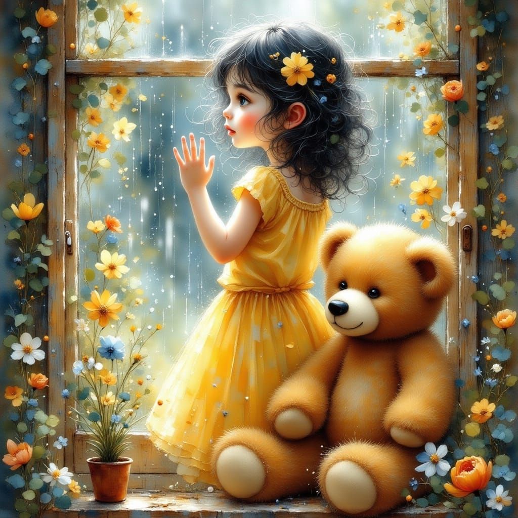 Girl Waves Through Rainy Window in Dreamy Style