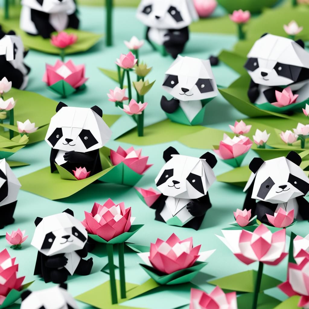 Origami Pandas in Kyoto Park with Cherry Blossoms