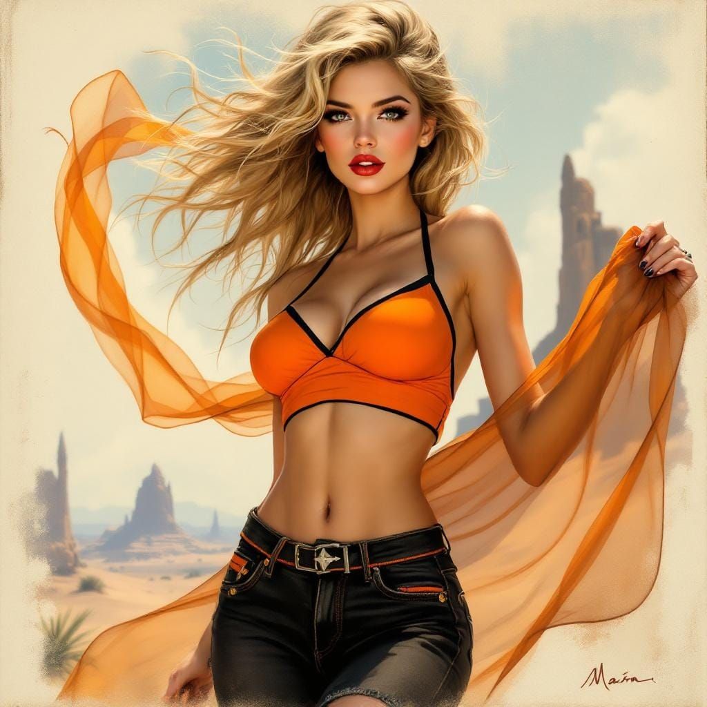 Fantasy Pin-Up in Japanese Ink Brush Style