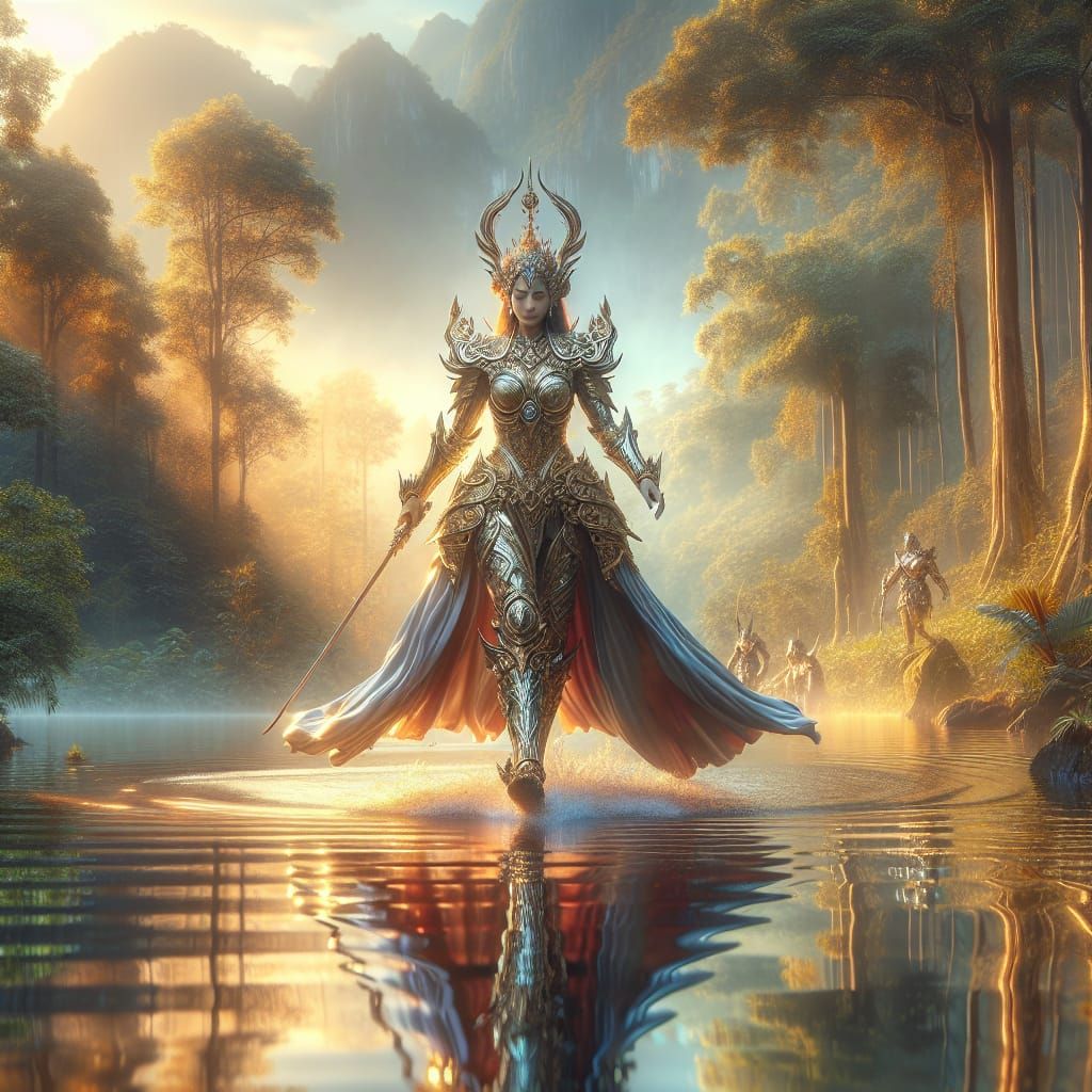 Majestic Warrior Princess Walks on Water: Hyperrealistic Ima...
