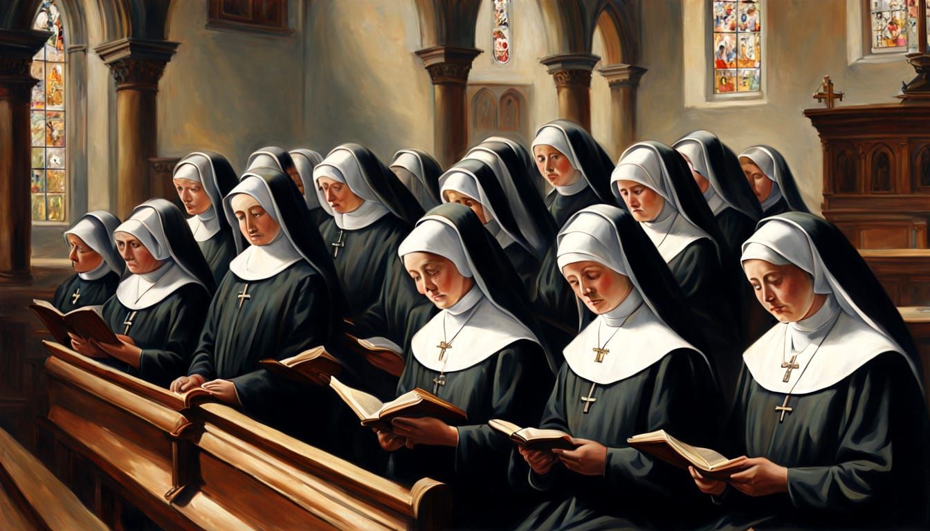 Victorian Nuns in Church Oil Painting