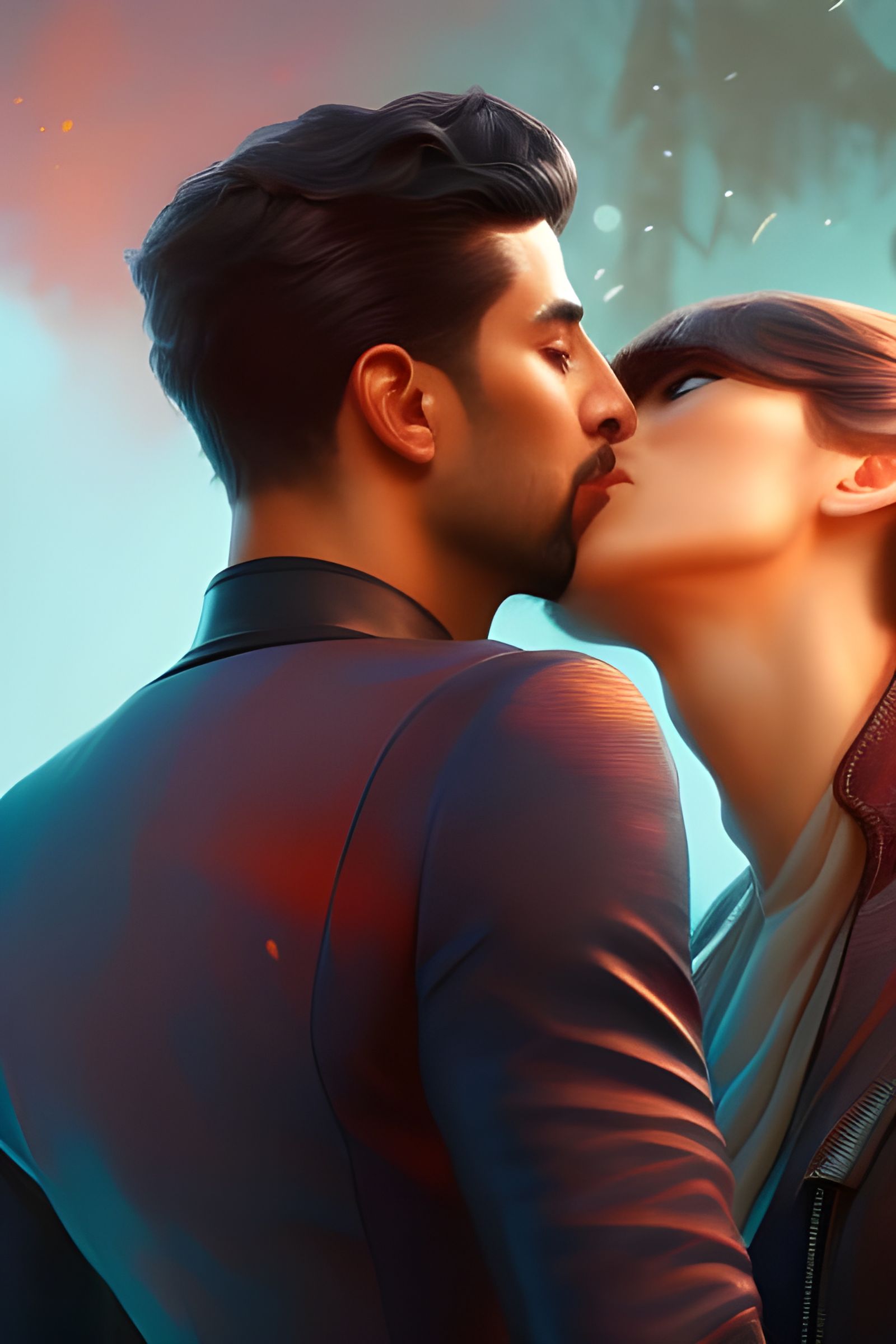 Two Men Kiss in Hyperdetailed Portrait