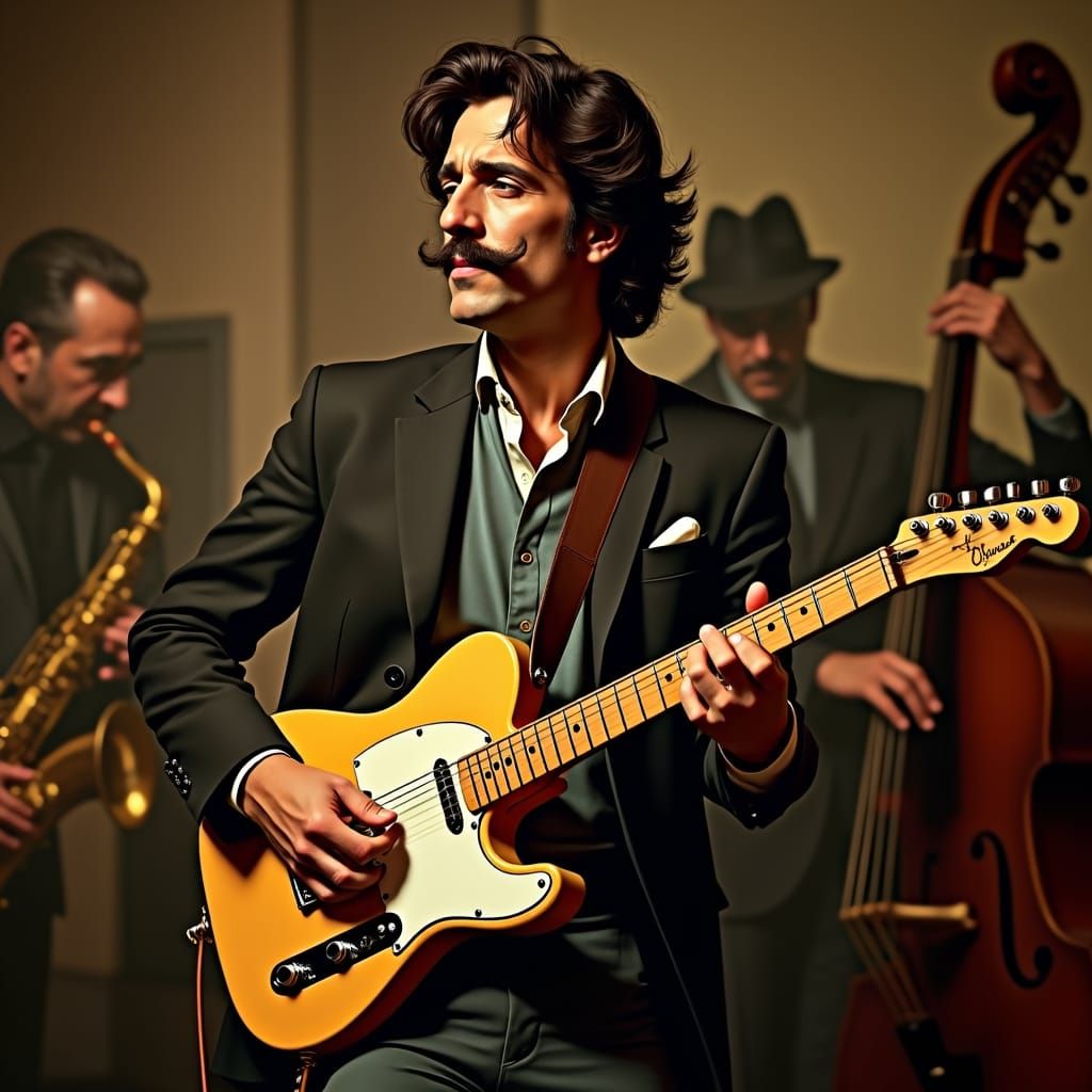 Italian Jazz Musician Playing Telecaster in Film Noir Style