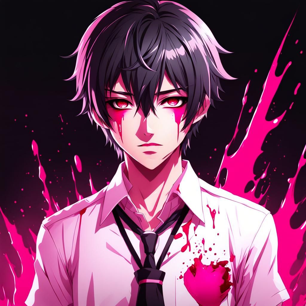 yandere male boy hot pink bloody smirk posessed pink