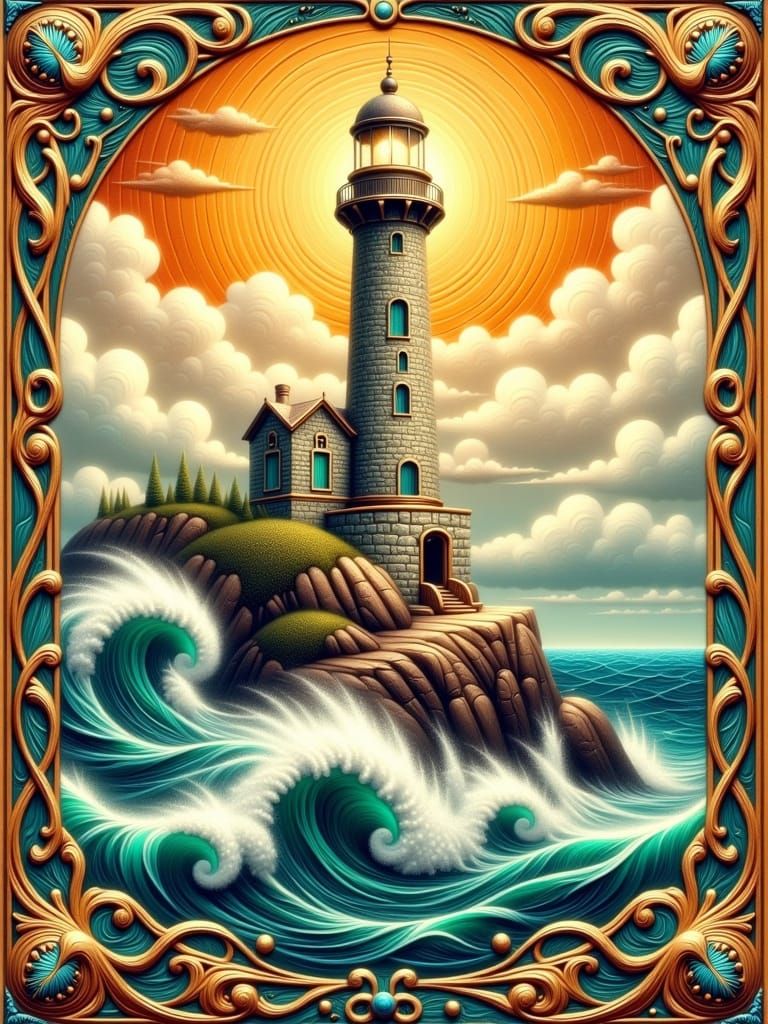 Surreal Art Nouveau Lighthouse in Turquoise Seascape with Go...